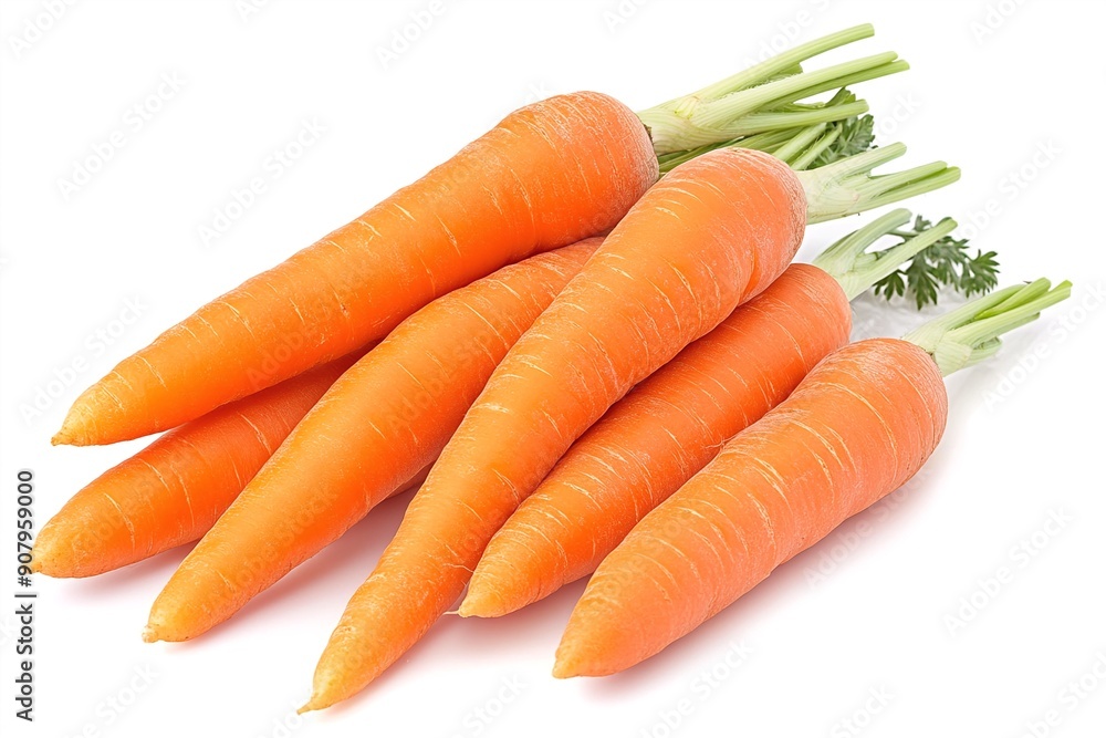 Fresh orange carrots with green tops on white background Fresh orange carrots with green tops on white background