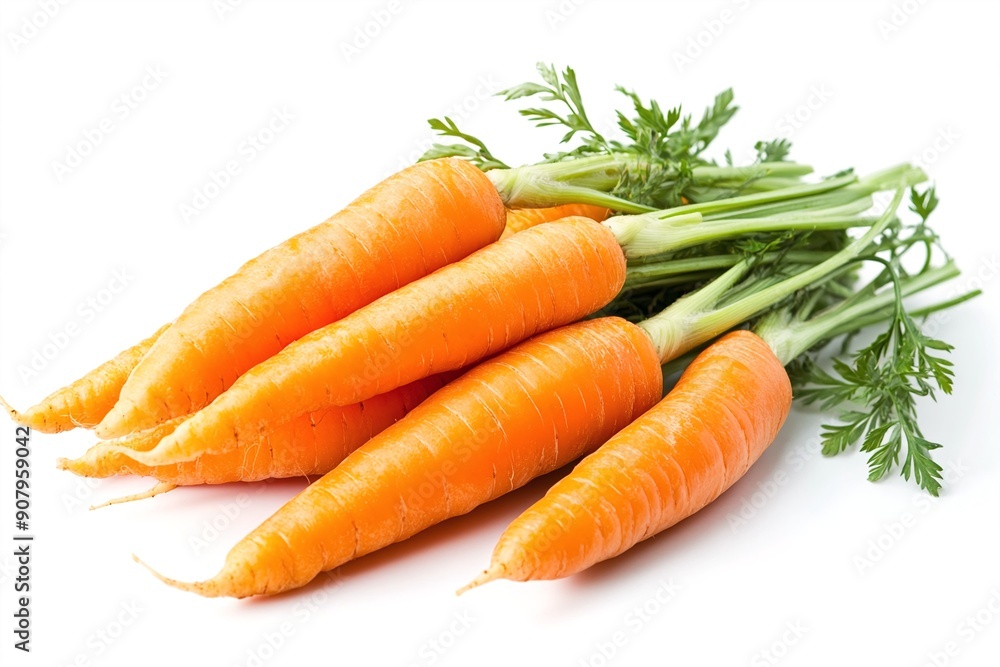 Fresh orange carrots with green tops on white background Fresh orange carrots with green tops on white background