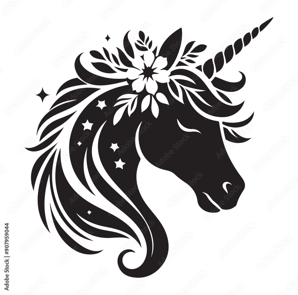 Obraz premium Unicorn simple vector silhouette black and white.