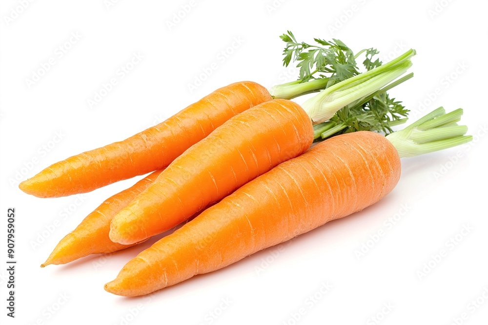 Fresh orange carrots with green tops on white background Fresh orange carrots with green tops on white background