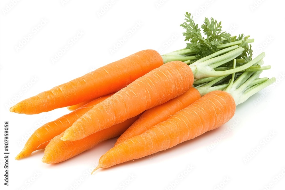 Fresh orange carrots with green tops on white background Fresh orange carrots with green tops on white background