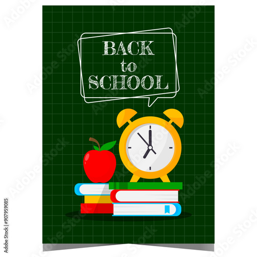 Back to school poster or banner with books, alarm clock and apple, symbol of knowledge, on a blackboard background. Invitation to celebrate the beginning of a new school year with pupils and teachers.