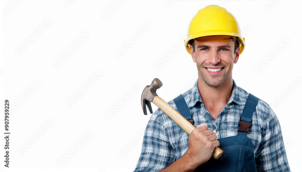 The Handyman's Smile: A cheerful construction worker in his element, sporting a warm smile and holding a trusty hammer, ready to tackle any task. The Handyman's Smile: A cheerful construction worker in his element, sporting a warm smile and holding a trusty hammer, ready to tackle any task.