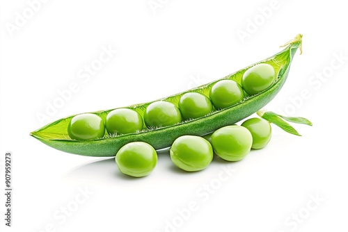 Fresh green peas in open pod on white background