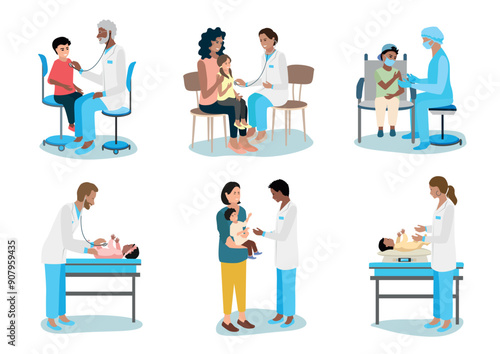 Child at the doctor. Nurse gives the child a vaccination, doctor examines and weighs the child and listens to the lungs with a stethoscope. Pediatrics. Set of vector illustrations.