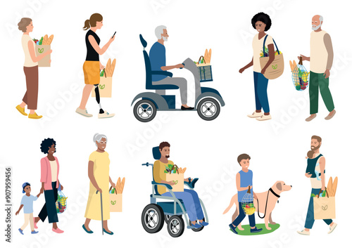 Happy people of different gender, age and race, people in electric wheelchairs, walking and riding with groceries from the store. Set of vector illustrations on a white background.