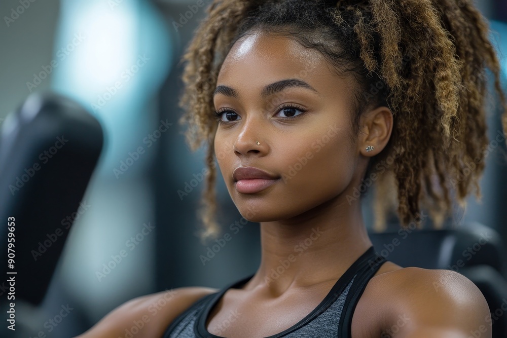 African American athletic woman using exercise machine during sports training in health club, Generative AI African American athletic woman using exercise machine during sports training in health club, Generative AI