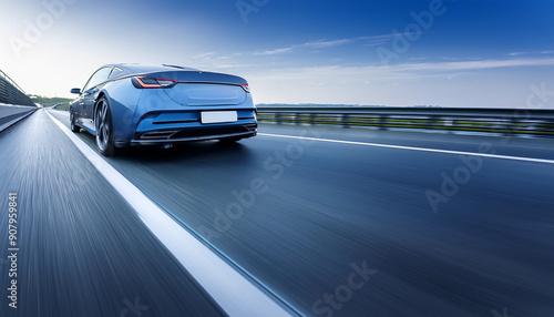 The image depicts a speeding car driving down a highway, surrounded by motion blur to convey the sense of speed and movement The car is moving swiftly on the road with a clear sky in the background