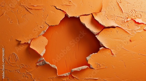 Fototapeta Naklejka Na Ścianę i Meble -  Orange Surface with a Hole and Cracked Texture