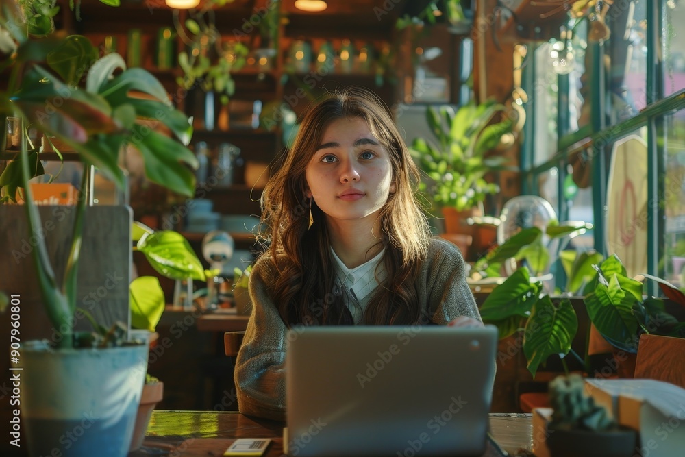 Professional woman working remotely in a cozy cafe, Generative AI Professional woman working remotely in a cozy cafe, Generative AI