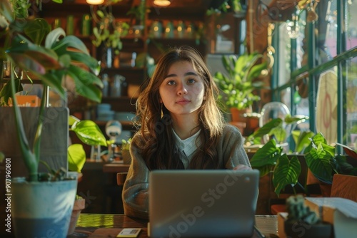 Professional woman working remotely in a cozy cafe, Generative AI