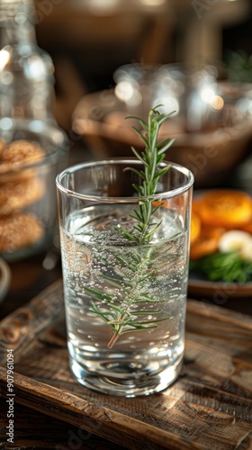 Close-up of a water glass with a sprig of rosemary, set on a rustic wooden tray with a breakfast spread. 