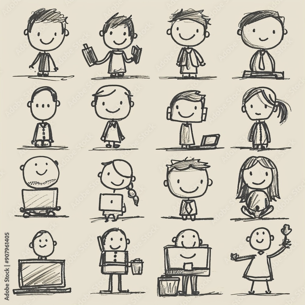 Various stick figure characters engaged in different activities in a fun office environment. Generative AI Various stick figure characters engaged in different activities in a fun office environment. Generative AI