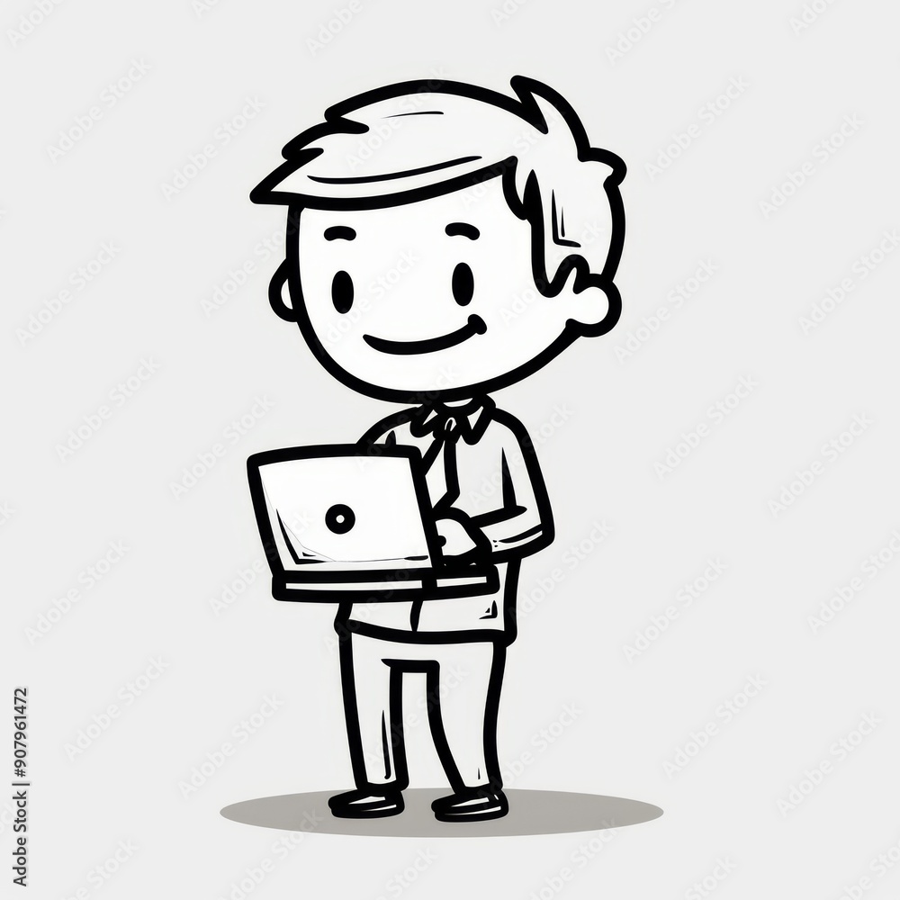 Cheerful stickman it worker holding laptop in casual office environment. Generative AI Cheerful stickman it worker holding laptop in casual office environment. Generative AI
