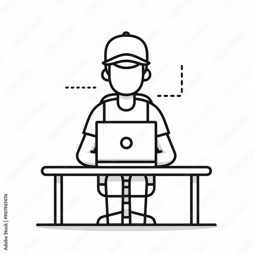Stickman it worker focused on desktop tasks surrounded by greenery and coffee. Generative AI Stickman it worker focused on desktop tasks surrounded by greenery and coffee. Generative AI
