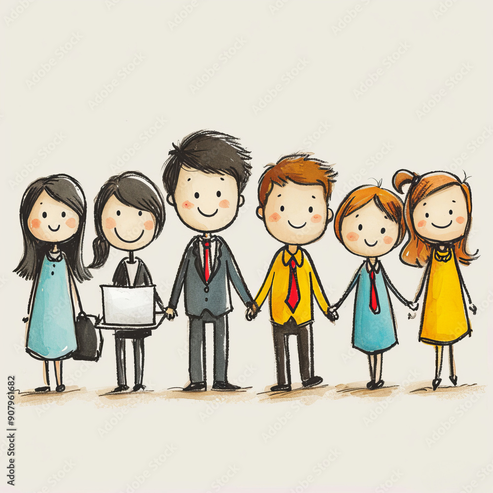 Funny stick figure business people holding hands against a simple white background in an office setting. Generative AI Funny stick figure business people holding hands against a simple white background in an office setting. Generative AI