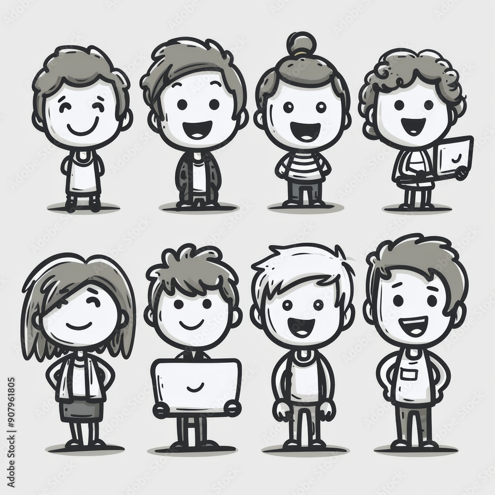 Funny animated stick figure characters engaging in various activities on a plain white background. Generative AI Funny animated stick figure characters engaging in various activities on a plain white background. Generative AI
