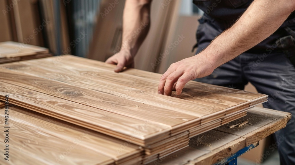 Close Up of Carpenter's Hand Checking Wood Laminate Flooring. Close Up of Carpenter's Hand Checking Wood Laminate Flooring.