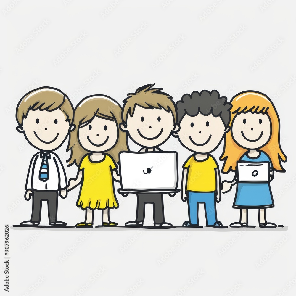 Funny stick figure characters standing together with a laptop against a white background. Generative AI Funny stick figure characters standing together with a laptop against a white background. Generative AI