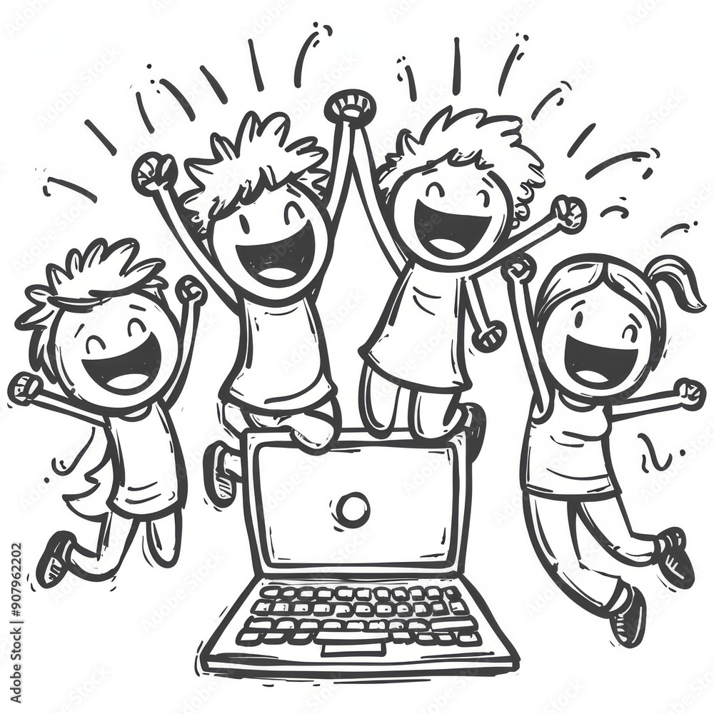 Happy stick figure characters celebrating around a laptop on a white background. Generative AI Happy stick figure characters celebrating around a laptop on a white background. Generative AI