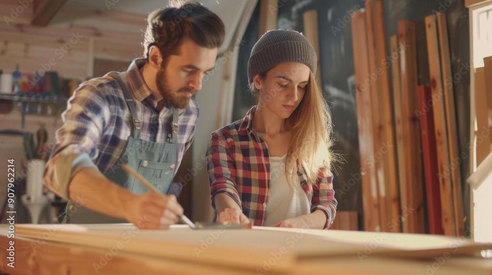 Young Couple Working on a Wood Project in a Workshop. Young Couple Working on a Wood Project in a Workshop.