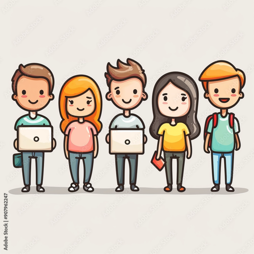 Group of happy stick figure characters holding laptops in a creative space. Generative AI Group of happy stick figure characters holding laptops in a creative space. Generative AI