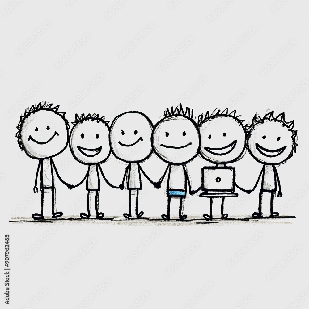 Happy stick figure characters holding hands while engaging in playful activities on white background. Generative AI Happy stick figure characters holding hands while engaging in playful activities on white background. Generative AI