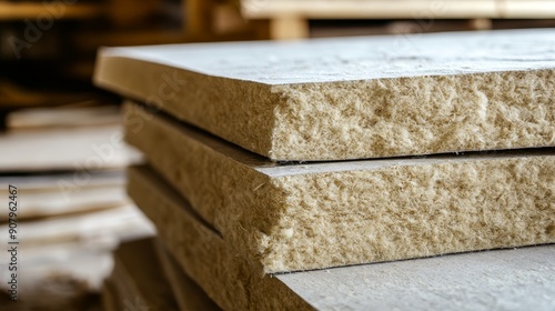 A close-up shot of stacked fiberboard panels, showcasing their natural, fibrous texture. These panels are eco-friendly, sustainable, and versatile for various construction projects.