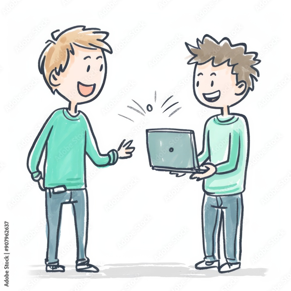 Two animated stick figure people engaging in fun business conversation on white background. Generative AI Two animated stick figure people engaging in fun business conversation on white background. Generative AI