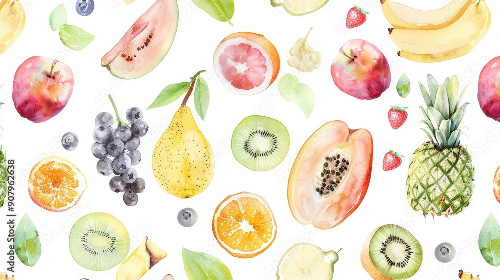 Seamless watercolor fruit pattern featuring vibrant illustrations of various fruits on a white background, perfect for summer-themed projects. Seamless watercolor fruit pattern featuring vibrant illustrations of various fruits on a white background, perfect for summer-themed projects.