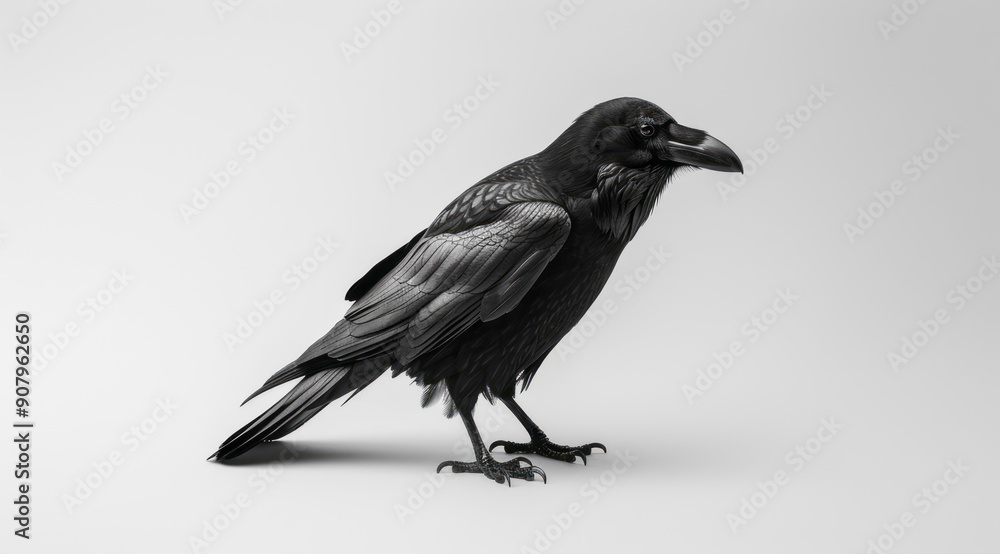 Black raven on a white background, isolated at the edges, detailed texture, cinematic studio light. Black raven on a white background, isolated at the edges, detailed texture, cinematic studio light.