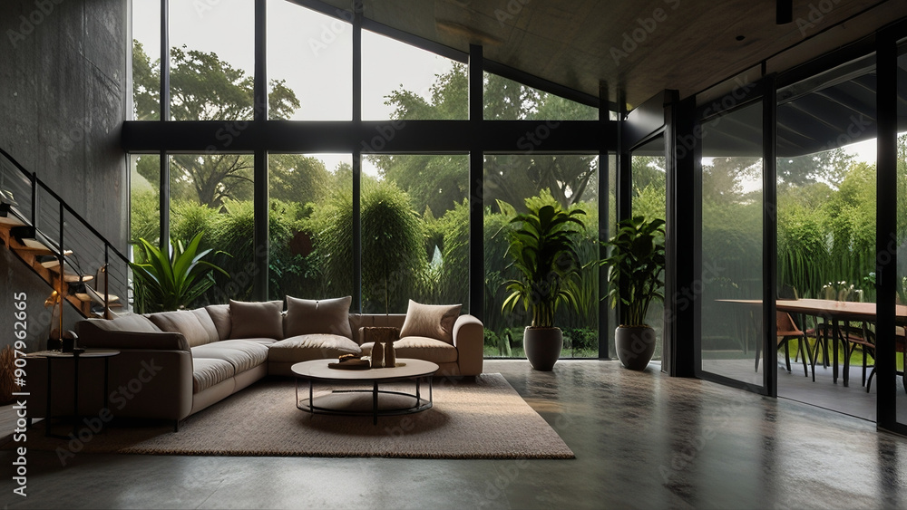 Fototapeta premium Living room in the fence of the house, loft style, looks luxurious, modern, simple, landscap