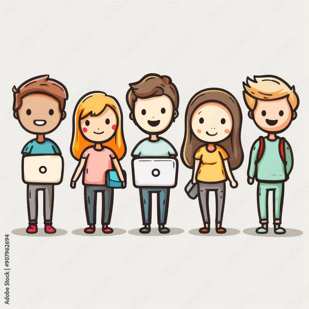 Joyful stick figure characters holding hands in colorful attire on white background. Generative AI Joyful stick figure characters holding hands in colorful attire on white background. Generative AI