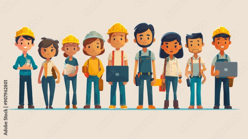 Diverse group of nine cartoon construction workers in safety gear collaborating. Generative AI Diverse group of nine cartoon construction workers in safety gear collaborating. Generative AI