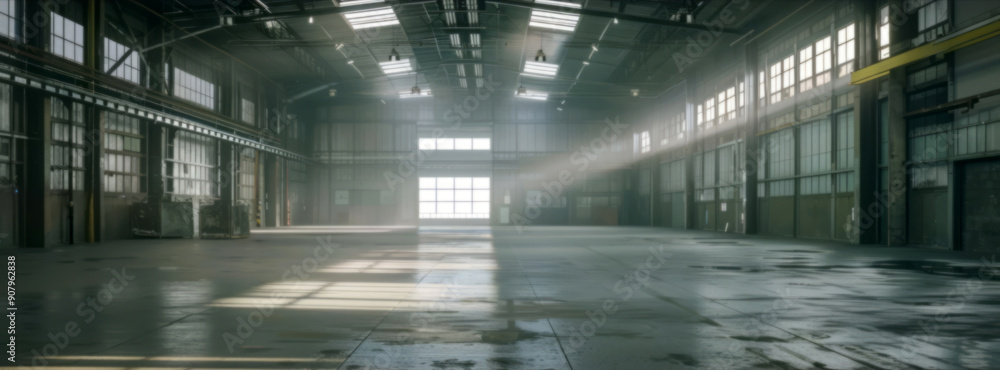 An empty warehouse with high ceilings and cinematic atmosphere. An empty warehouse with high ceilings and cinematic atmosphere.
