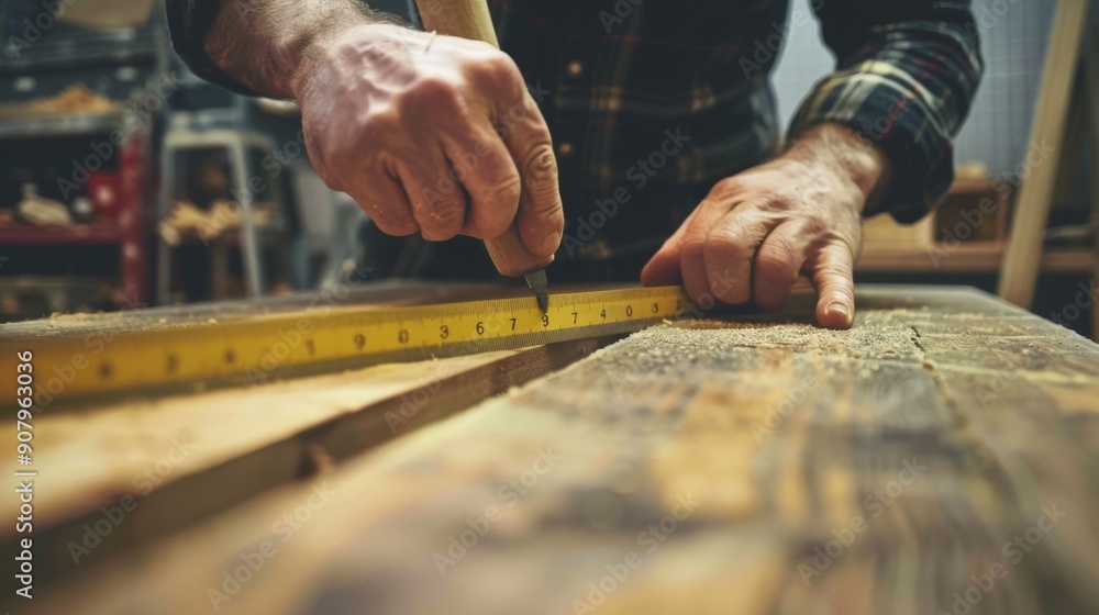 Carpenter Measuring Wood With Tape Measure. Carpenter Measuring Wood With Tape Measure.