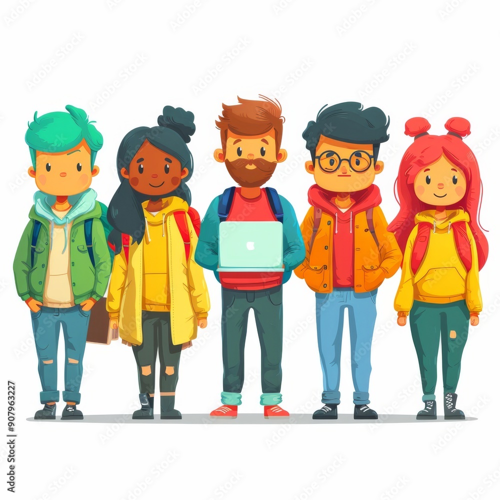 Group of diverse cartoon characters displaying school spirit through fashion and technology in a colorful setting. Generative AI Group of diverse cartoon characters displaying school spirit through fashion and technology in a colorful setting. Generative AI