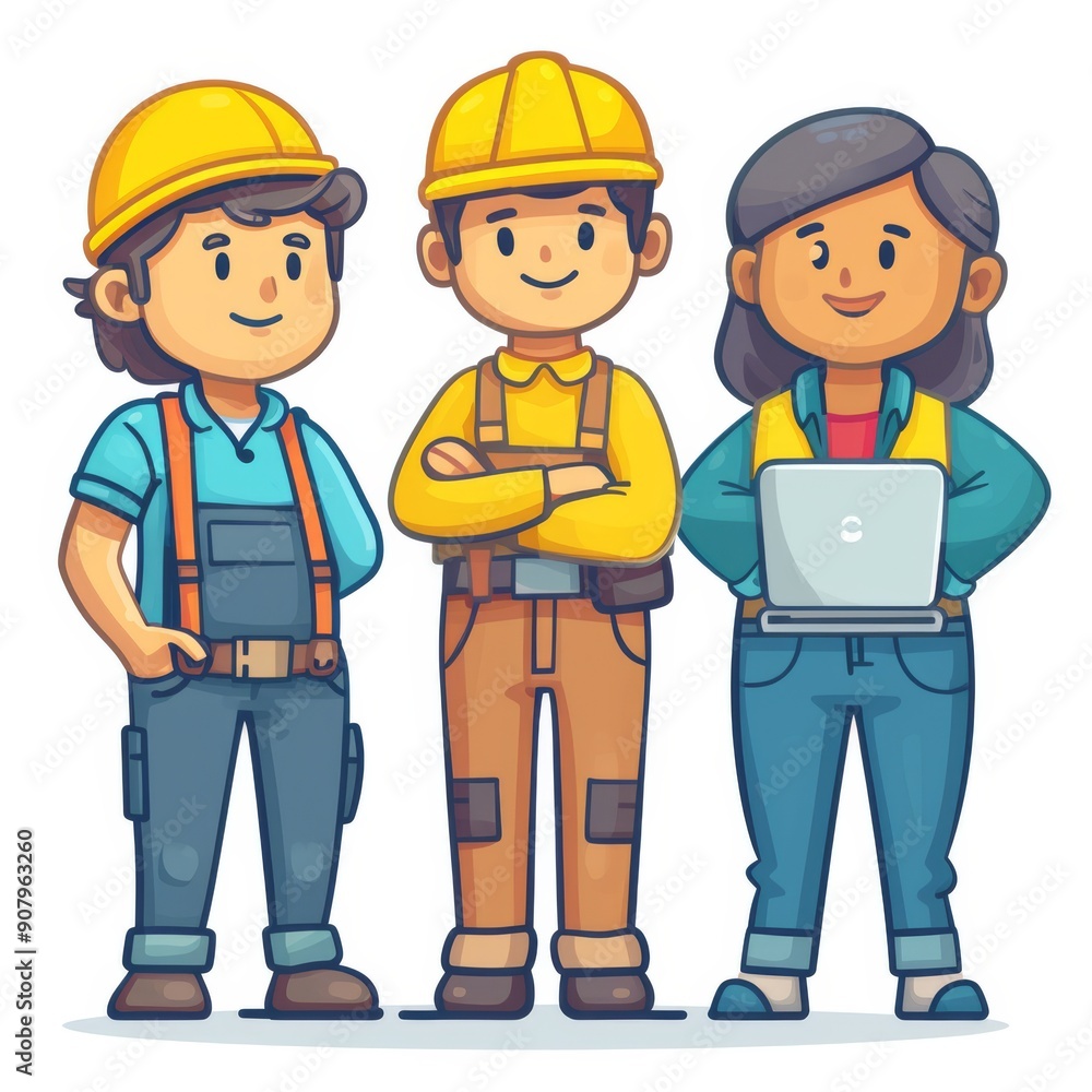 Creative team of three construction workers in casual attire working together on a project. Generative AI Creative team of three construction workers in casual attire working together on a project. Generative AI