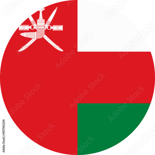 The flag of Oman. Flag icon. Standard color. Round flag. Computer illustration. Digital illustration. Vector illustration.