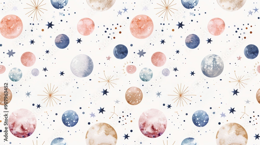 Seamless watercolor space pattern with planets, stars, and galaxies on a white background. Perfect for children's room decor and textile designs. Seamless watercolor space pattern with planets, stars, and galaxies on a white background. Perfect for children's room decor and textile designs.