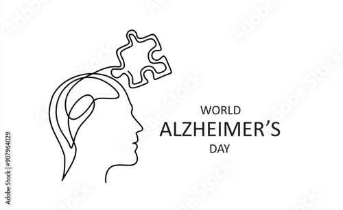 Alzheimer s day simple background, web banner, poster with brain and puzzle. One continuous line drawing background with lettering Alzheimer s day.