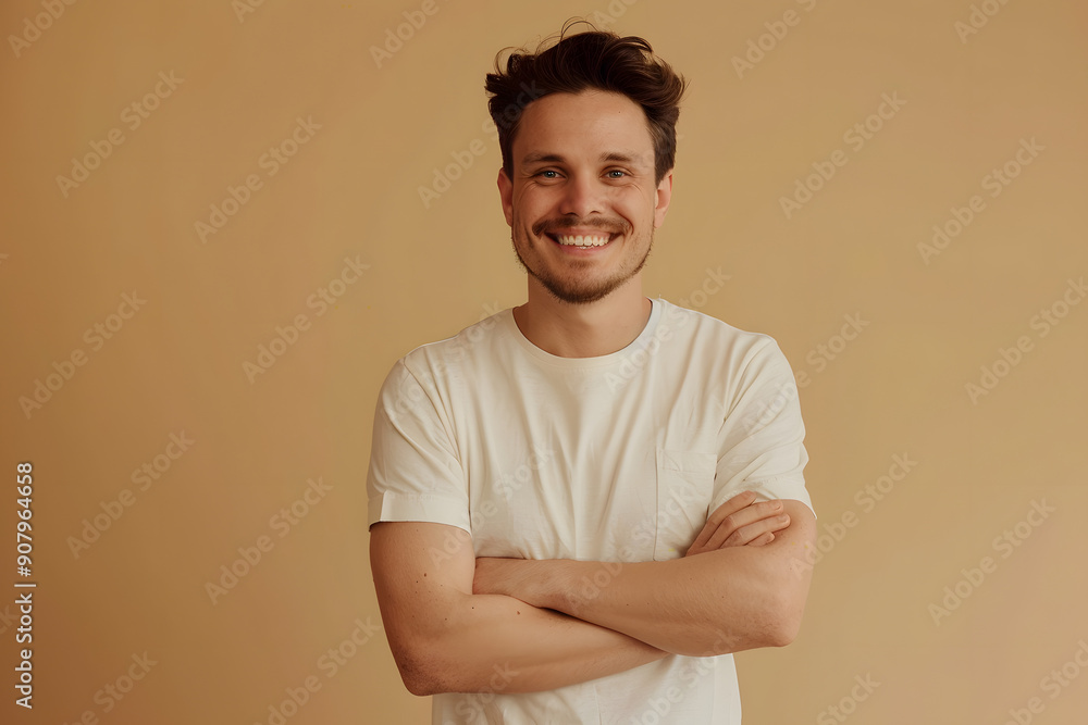 portrait of a man smiling over brown background, male model in white t-shirt portrait of a man smiling over brown background, male model in white t-shirt