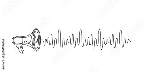 Continuous one line drawing of sound wave and Public horn speaker, voice message, podcast.