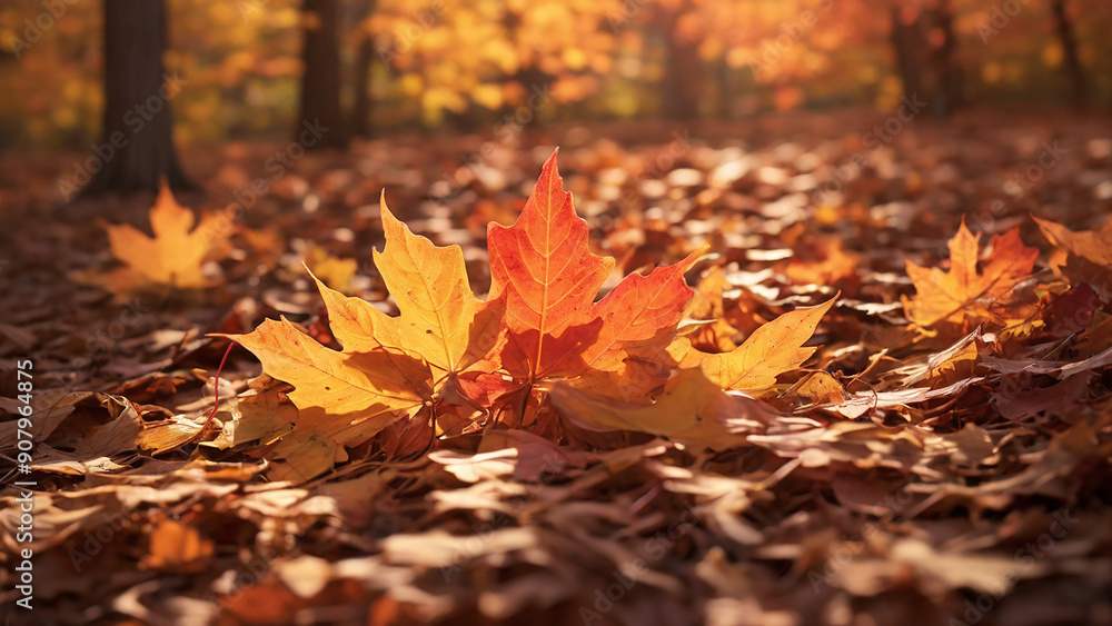 a bright red maple leaf shining in the warm, dappled light of a forest floor in the midst of autumn.