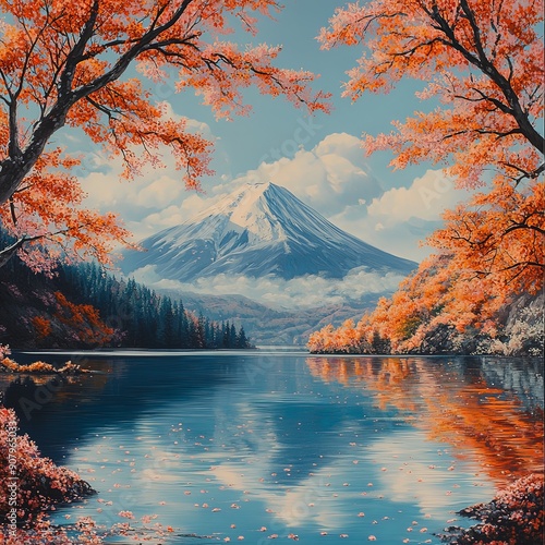 Peaceful Autumn Morning at Lake with Mountain Backdrop