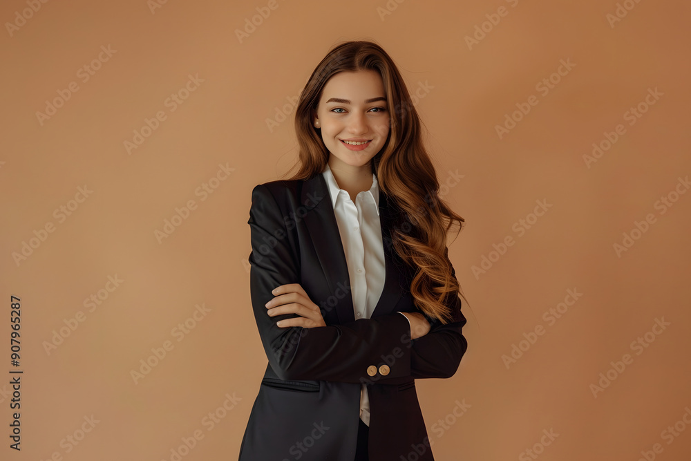 portrait of a business woman smiling over brown background, female model smiling portrait of a business woman smiling over brown background, female model smiling