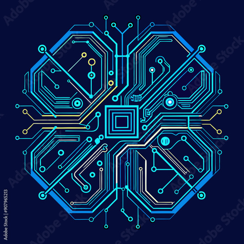 thin circuit trace lines in blue on a dark