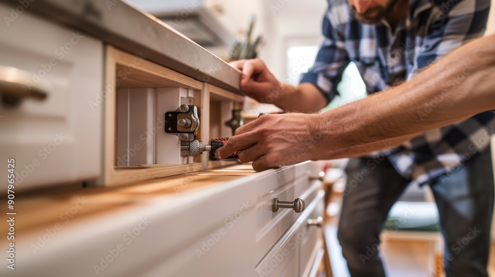 Man Installing Kitchen Cabinet Hardware. Man Installing Kitchen Cabinet Hardware.