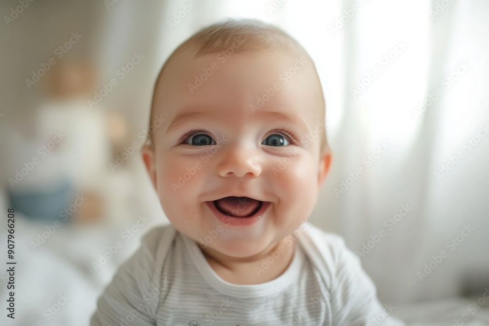 Beaming smile of a new parent, soft nursery light, with copy space Beaming smile of a new parent, soft nursery light, with copy space