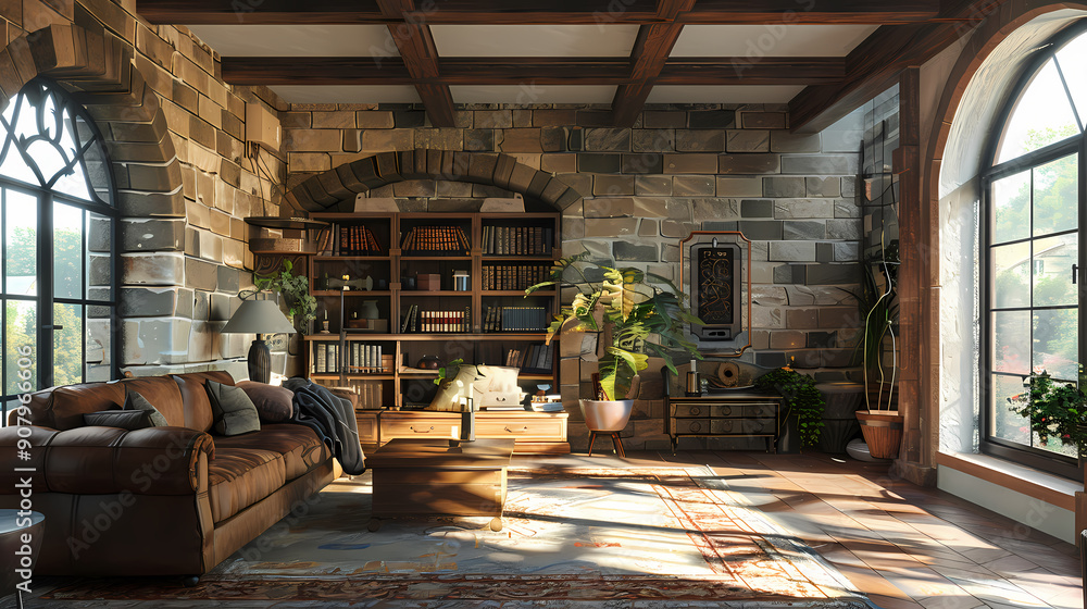 A spacious living room with a large leather sofa, wooden coffee table, and a bookcase filled with books. Sunlight streams through large windows illuminating the warm, inviting space. A spacious living room with a large leather sofa, wooden coffee table, and a bookcase filled with books. Sunlight streams through large windows illuminating the warm, inviting space.